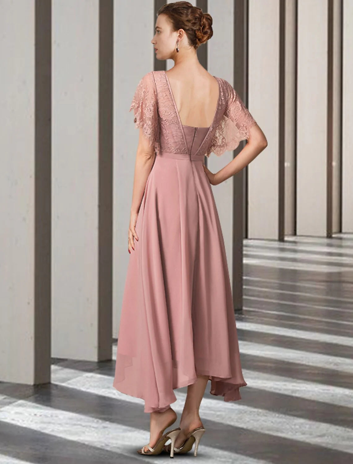 Wholesale A-Line Mother of the Bride Dress Elegant High Low V Neck Asymmetrical Tea Length Chiffon Lace Short Sleeve with Appliques